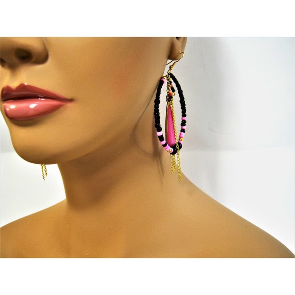 Large Boho Hippie style Pink Black Vintage accent Mega Hoop Earrings 2.5 inch - Picture 7 of 8